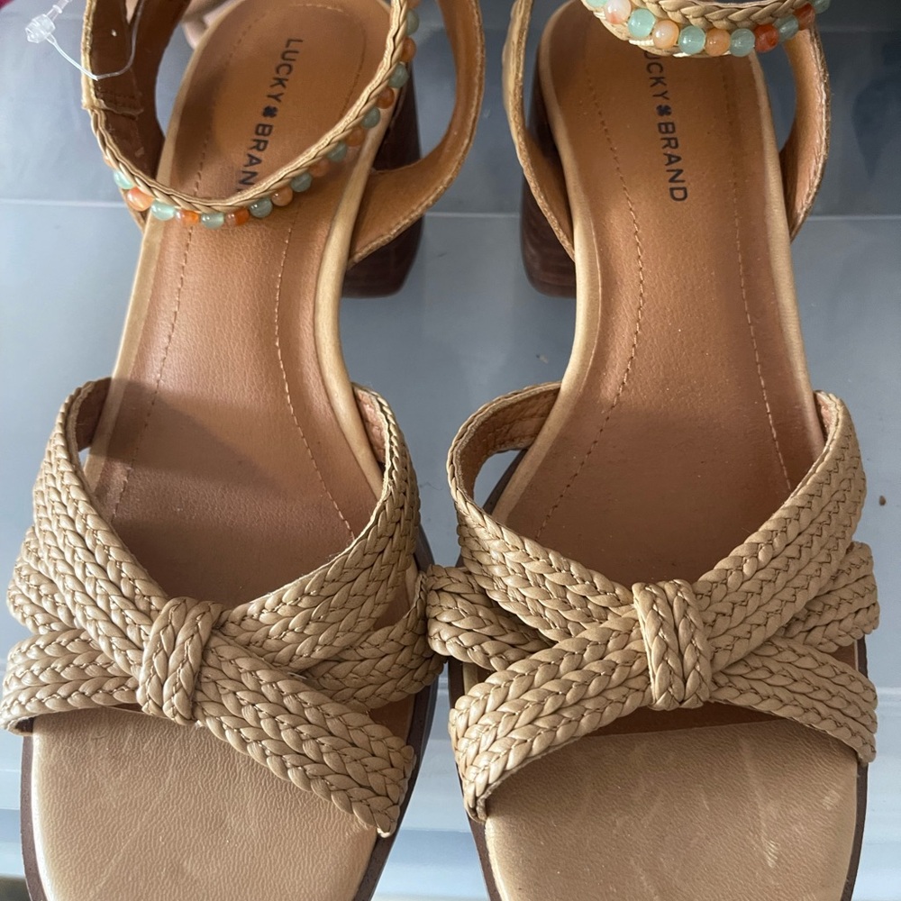 Lucky Brand Braided Tan Block Heel Sandals with Beaded Ankle Strap